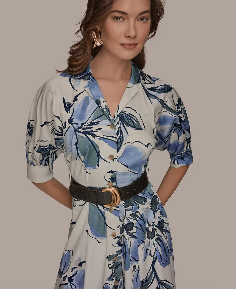 Donna Karan New York Women's Spread Collar Floral Midi Shirt Dress