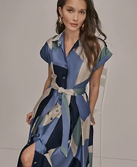 Donna Karan New York Women's Cap-Sleeve Spread Collar Geometric Colorblock Midi Shirt Dress