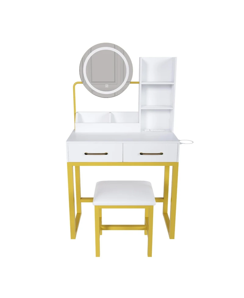 Streamdale Furniture Makeup Vanity with Led Lights, Power Outlet, Drawers & Chair (White