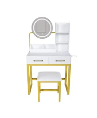 Streamdale Furniture Makeup Vanity with Led Lights, Power Outlet, Drawers & Chair (White