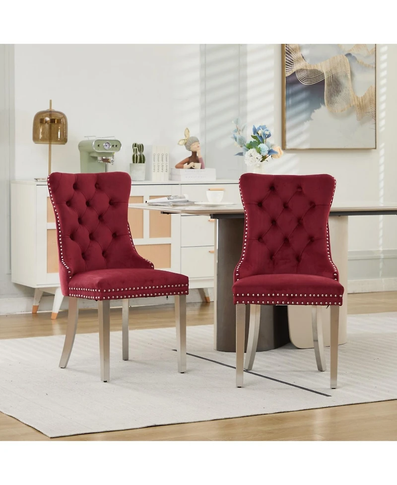 Streamdale Furniture Tufted Velvet Dining Chairs, Wine Red, Chrome Legs, Set of 2