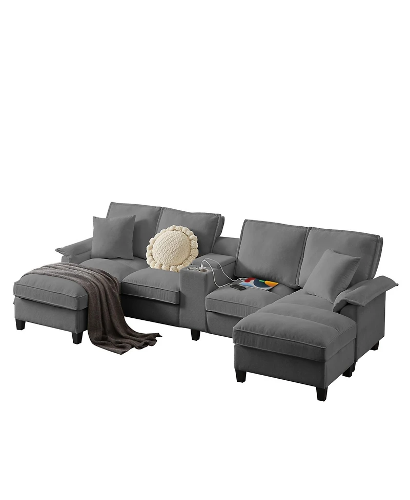 Streamdale Furniture 120" Corduroy Sectional Sofa Bed w/Storage, U-Shape, 4-Seater, Cup Holders
