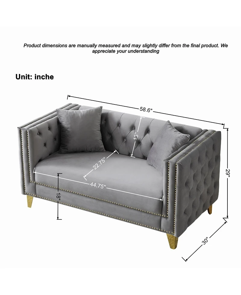 Streamdale Furniture 58" Chesterfield Velvet Sofa, 2 Seater, Button Nailhead, Square Arm - Grey