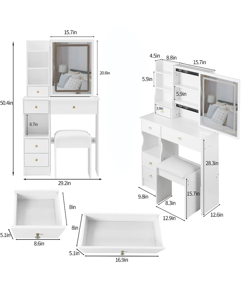 Streamdale Furniture + 3-Piece Set + Wood + Led Mirror + Vanity Table