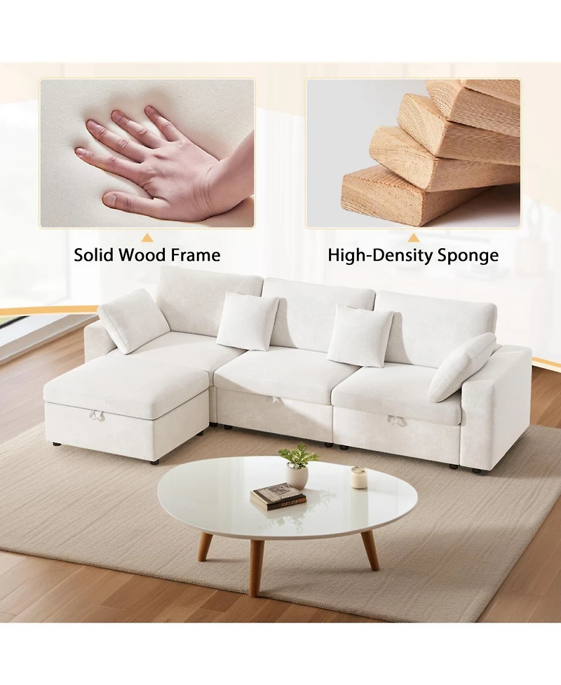 Streamdale Furniture Oversized Cloud Sectional Couch with Ottoman, Velvet Sofa, Removable Pillows, Beige