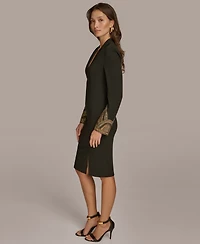 Donna Karan New York Women's Long Sleeve V-neck Hot Fix Sheath Midi Dress