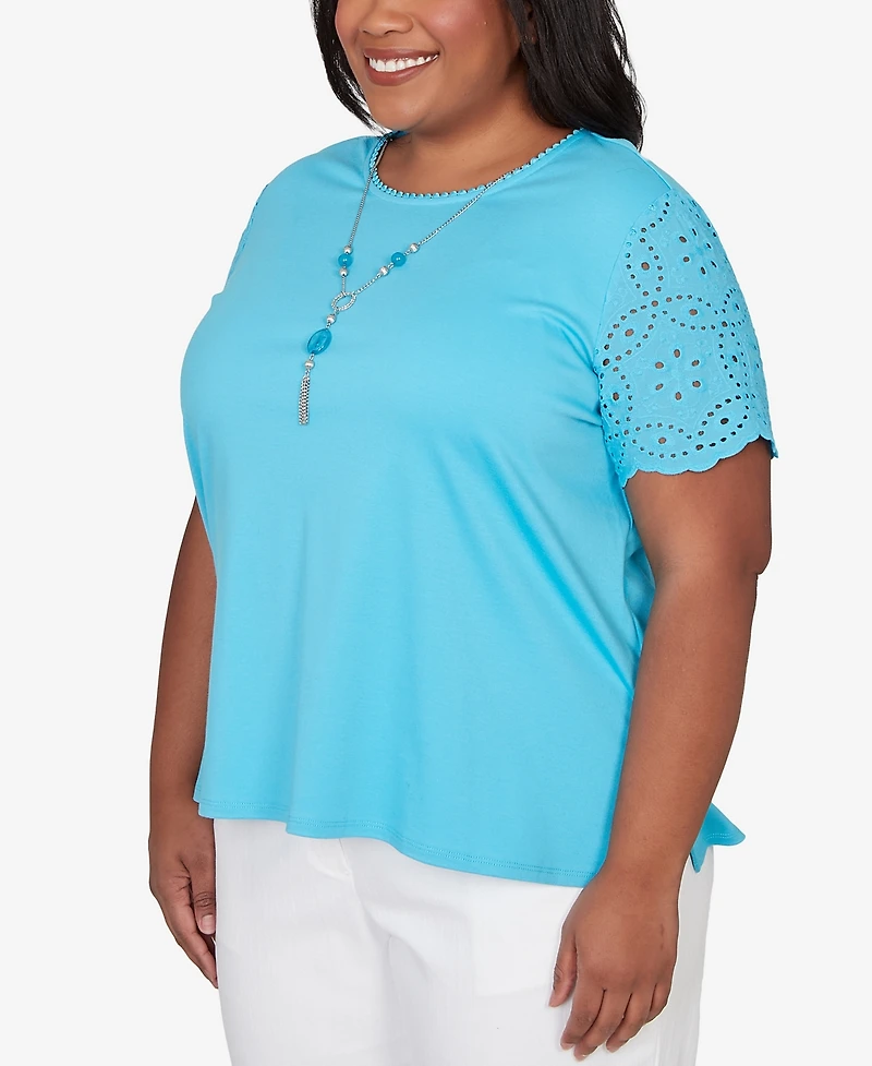 Alfred Dunner Plus Classic Solid Eyelet Sleeve T-Shirt with Necklace
