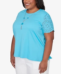Alfred Dunner Plus Classic Solid Eyelet Sleeve T-Shirt with Necklace