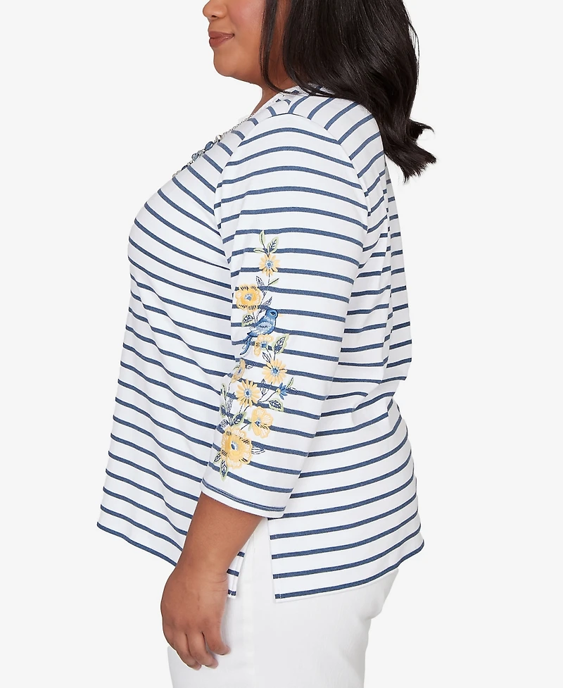 Alfred Dunner Plus Classic Floral Embroidered Stripe Top with Necklace