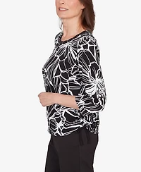 Alfred Dunner Women's Classic Floral Linework Side Tie Ruched Top