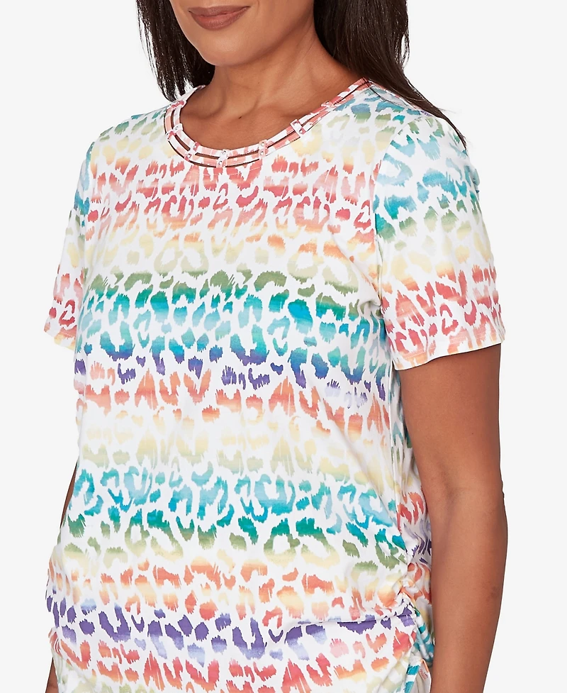 Alfred Dunner Women's Rainbow Animal Print Beaded Neck Ruched T-Shirt
