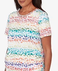 Alfred Dunner Women's Rainbow Animal Print Beaded Neck Ruched T-Shirt