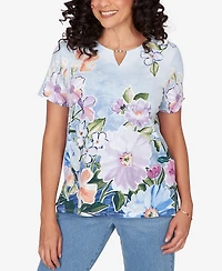Alfred Dunner Women's Artisan Floral Split Neck T-Shirt