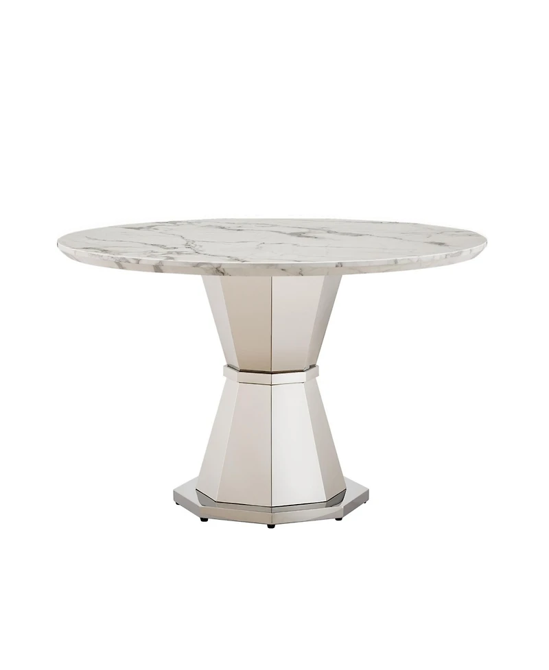 Streamdale Furniture 47" Round Marble Dining Table, High Gloss Faux Marble Top, Stainless Steel Base (White