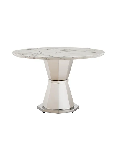 Streamdale Furniture 47" Round Marble Dining Table, High Gloss Faux Marble Top, Stainless Steel Base (White
