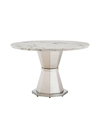 Streamdale Furniture 47" Round Marble Dining Table, High Gloss Faux Marble Top, Stainless Steel Base (White