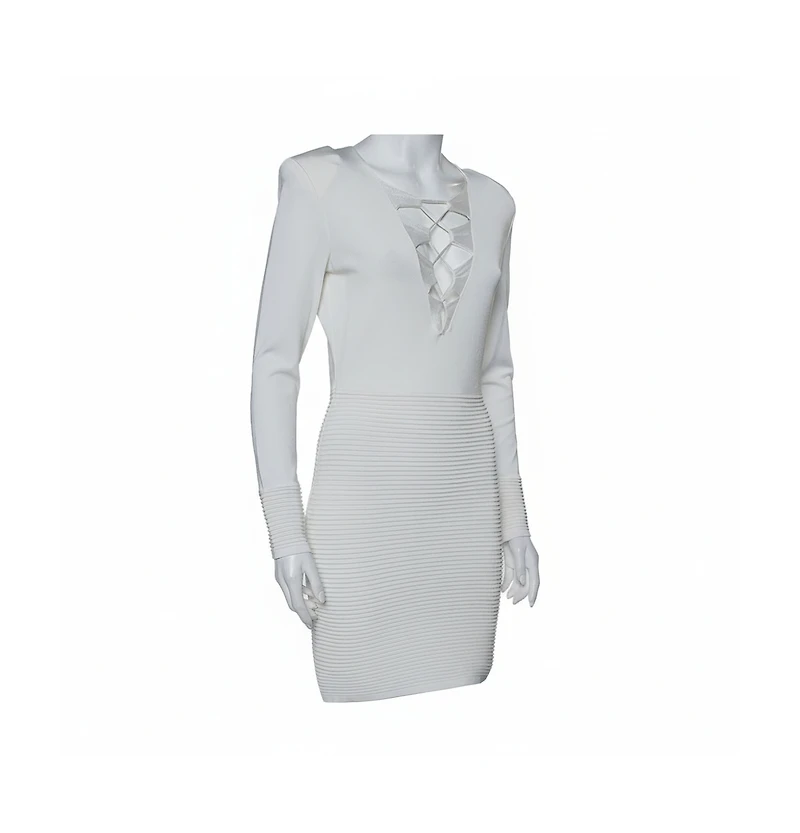 Pre-Owned Balmain Women's White Textured Knit Lace Up Tie Detail Mini Dress