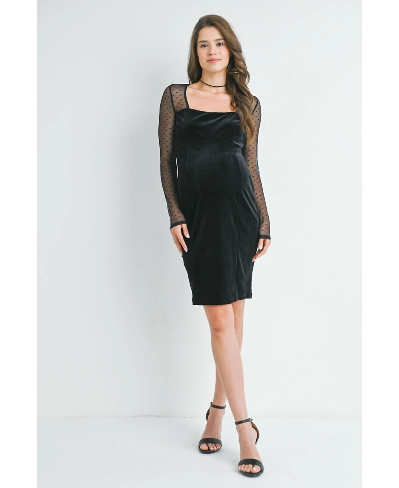 Hello Miz Maternity Sheer Long Sleeve Square Neck Veltvet Dress