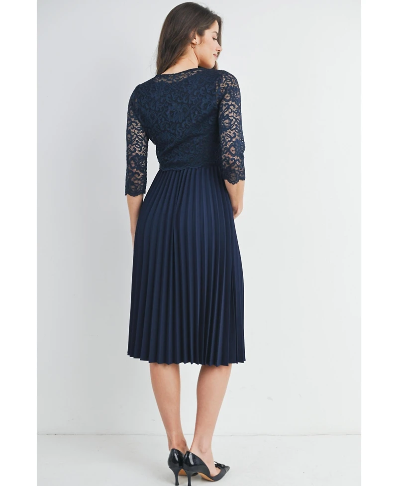 Hello Miz Maternity 3/4 Sleeve Lace Bodice Pleated Nursing Dress