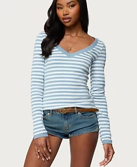 Edikted Women's Kimi Striped Long Sleeve V Neck Top