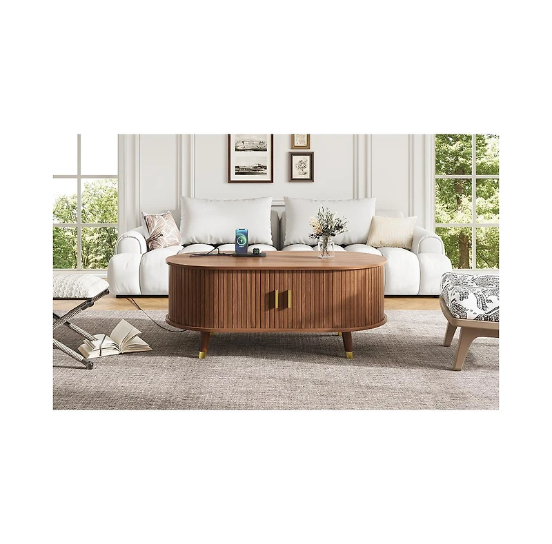 Streamdale Furniture 42.5" Oval Fluted Coffee Table with Charging Station, Sliding Door