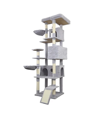 Zeus & Ruta 84.6 Light Gray Cat Tree Wide Base 3 Condos 11 Sisal Posts Ladder 2 Hammocks Interactive Toy