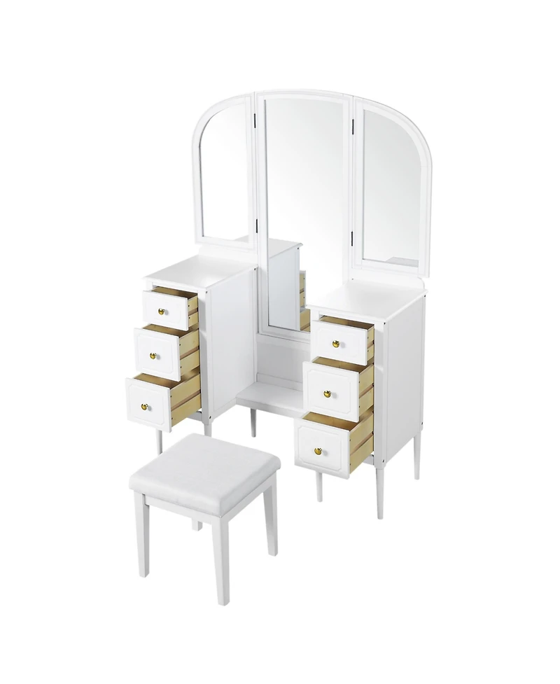 Streamdale Furniture Antique White Vanity Set with Triple Mirror & Stool