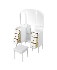 Streamdale Furniture Antique White Vanity Set with Triple Mirror & Stool