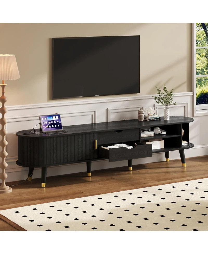 Streamdale Furniture Wooden Oval Tv Stand with Charging Station, Mid-Century Media Console, Black