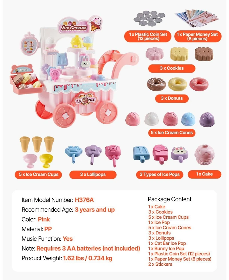 Hongge Kids Ice Cream Cart Pretend Play Set with 27 Accessories