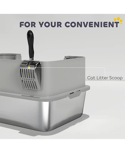 Aostirmotor Sleek Gray Stainless Steel Litter Box with High Sides & Scoop – Elevate Your Home with Refined Odor Control