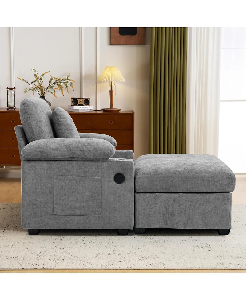 Streamdale Furniture Oversized Chenille Chair with Ottoman Usb & Cupholders