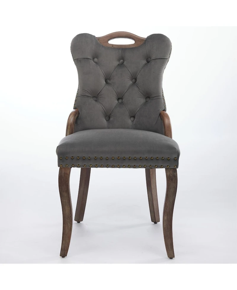 Streamdale Furniture Velvet Tufted Dining Chairs, Wood Handles & Legs, Copper Nails, Set of 2, Gray