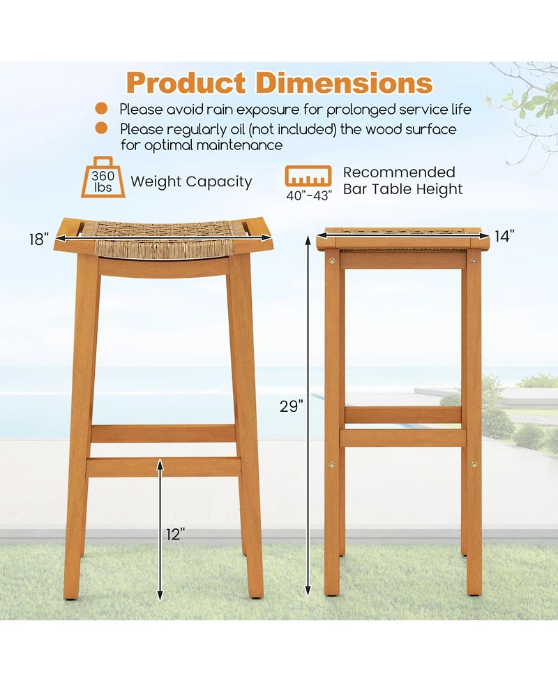 Gymax Outdoor Acacia Wood Bar Stools Set of w/ Pe Rattan Seats & Backrests