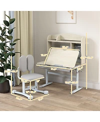 Qaba Kids Study Desk and Chair Set with Tiltable Desktop and Hutch,