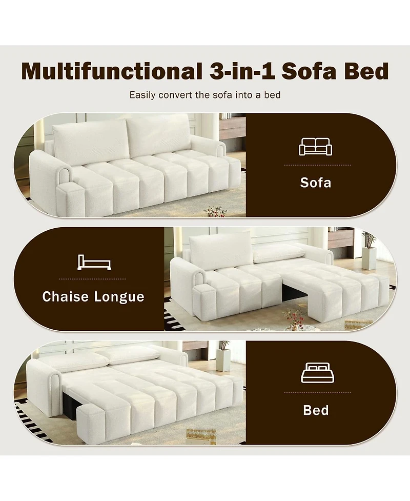 Maison Boucle Modern 4-Seat Teddy Fabric Sleeper Sofa with Storage, 90" Pull-Out Couch Bed, King Convertible for Living Room