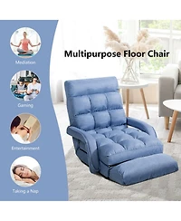 Gymax Blue Folding Lazy Sofa Floor Chair Sofa Lounger Bed with Armrests and Pillow