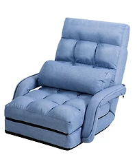 Gymax Blue Folding Lazy Sofa Floor Chair Sofa Lounger Bed with Armrests and Pillow