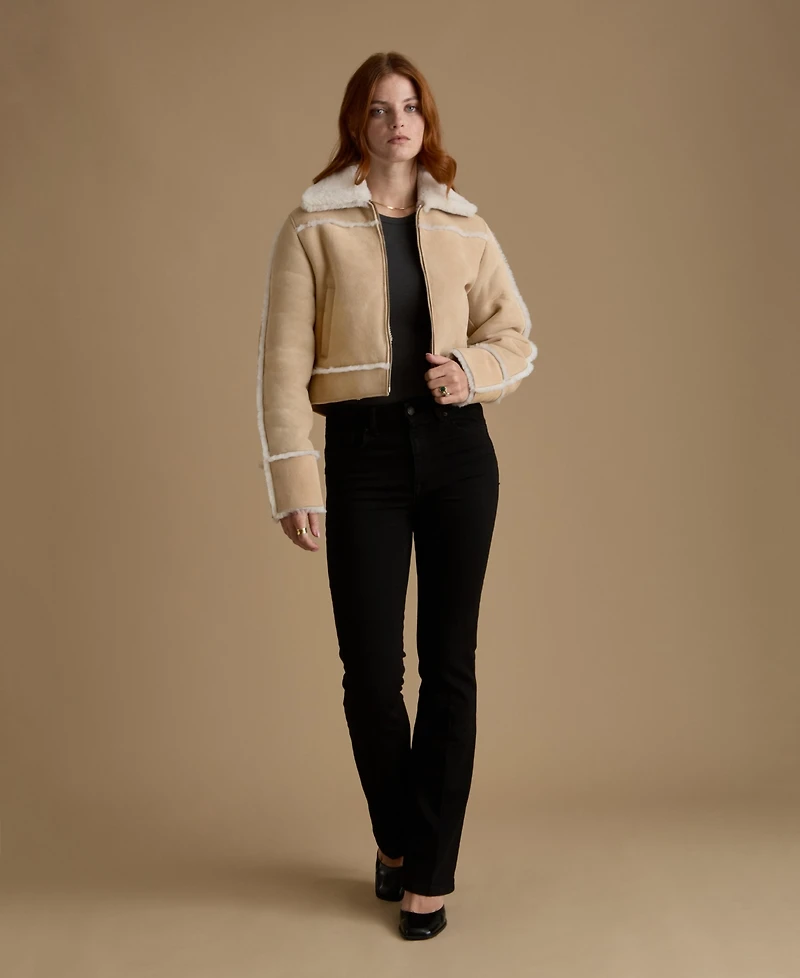 Furniq Uk Women's Cropped Suede Shearling Jacket