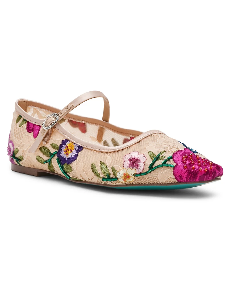 Betsey Johnson Women's Nova Embroidered Mesh Mary Jane Flats