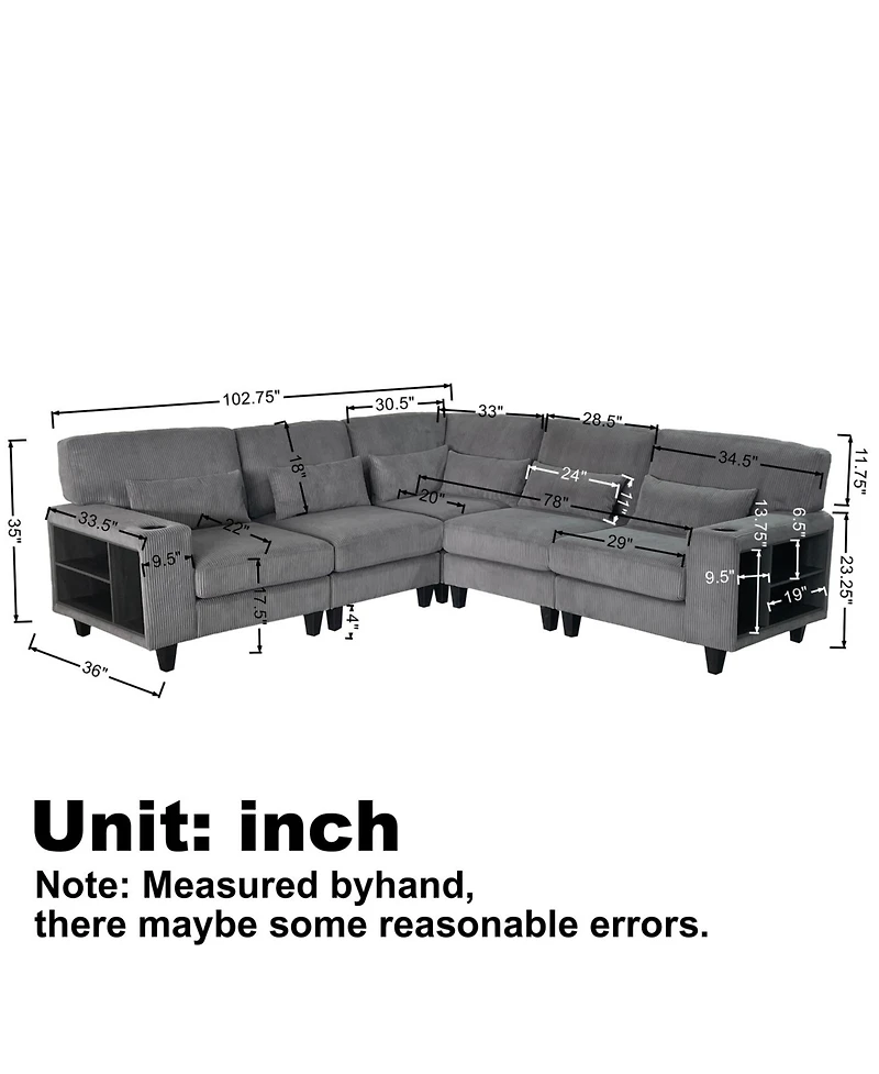 Streamdale Furniture L-Shaped Corduroy Sectional Sofa with Storage & Cup Holder