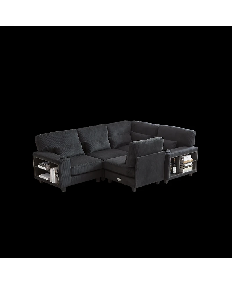 Streamdale Furniture L-Shaped Corduroy Sectional Sofa with Storage & Cup Holder
