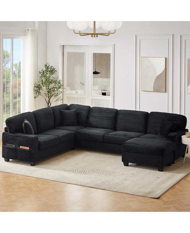 Streamdale Furniture U-Shaped Sectional Sofa with Ottoman & Storage Pockets, Black