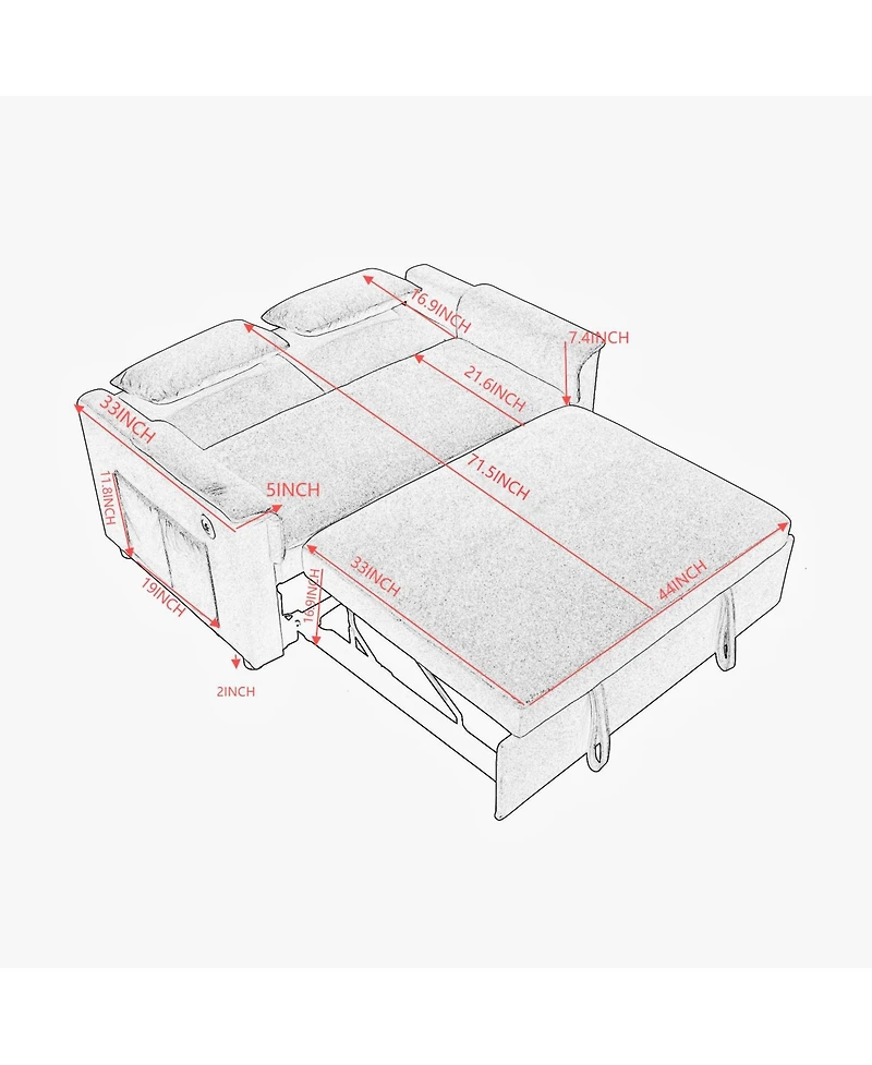 Streamdale Furniture 55" Velvet Pull Out Sofa Bed w/ Usb, Pockets, Pillows