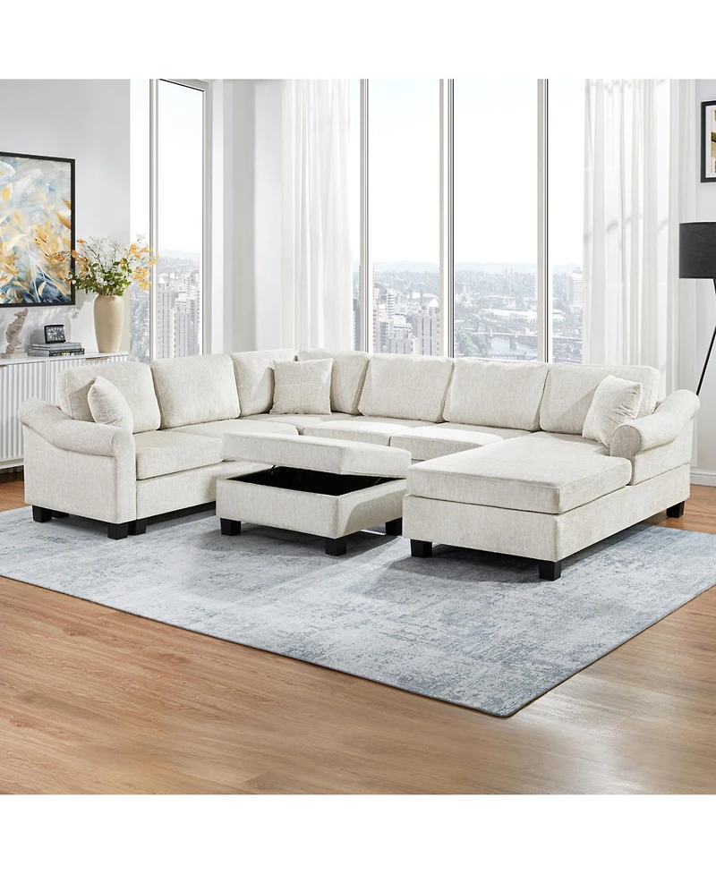 Streamdale Furniture 111.8" U-Shaped Chenille Sectional Sofa with Ottoman