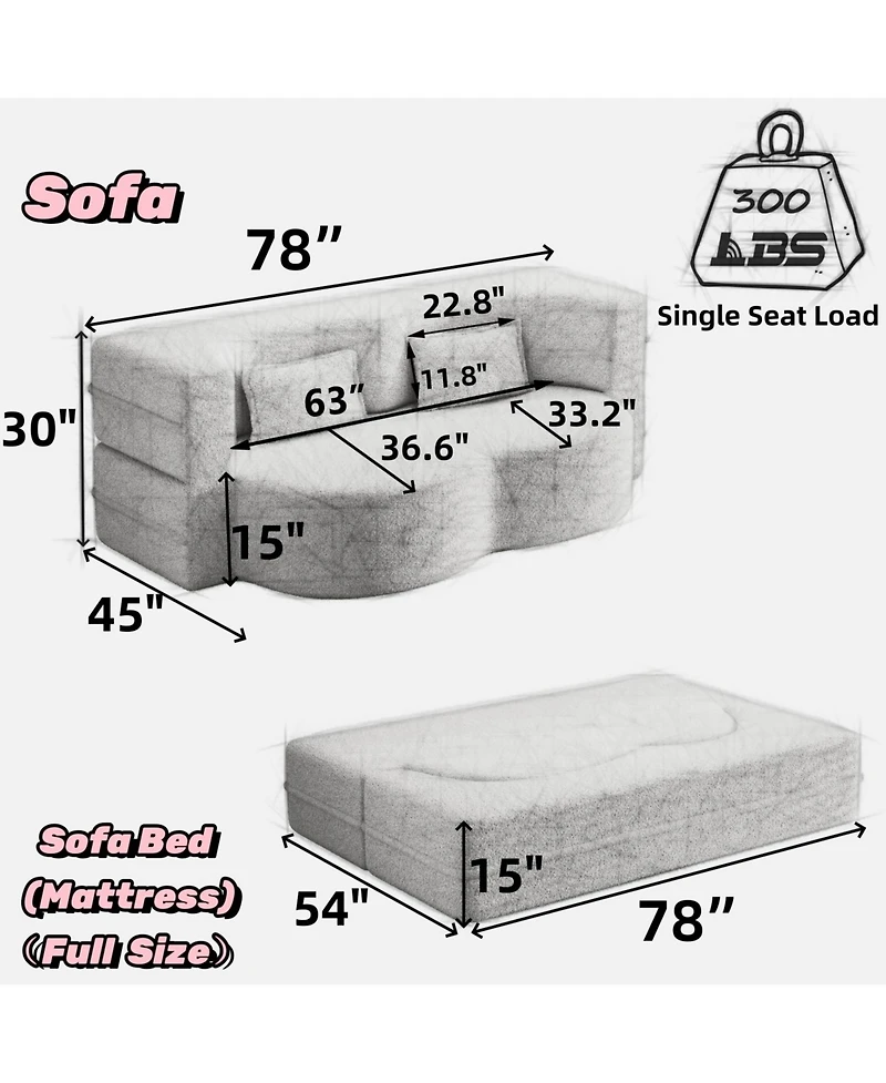 Streamdale Furniture Modern Convertible Teddy Fabric Sleeper Sofa Bed with 2 Pillows