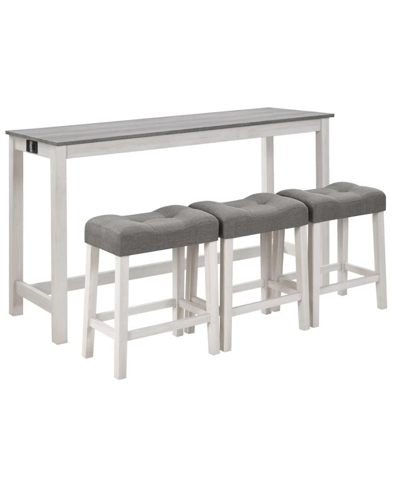 Streamdale Bar Table Set with 3 Stools, Power Outlet, White & Grey