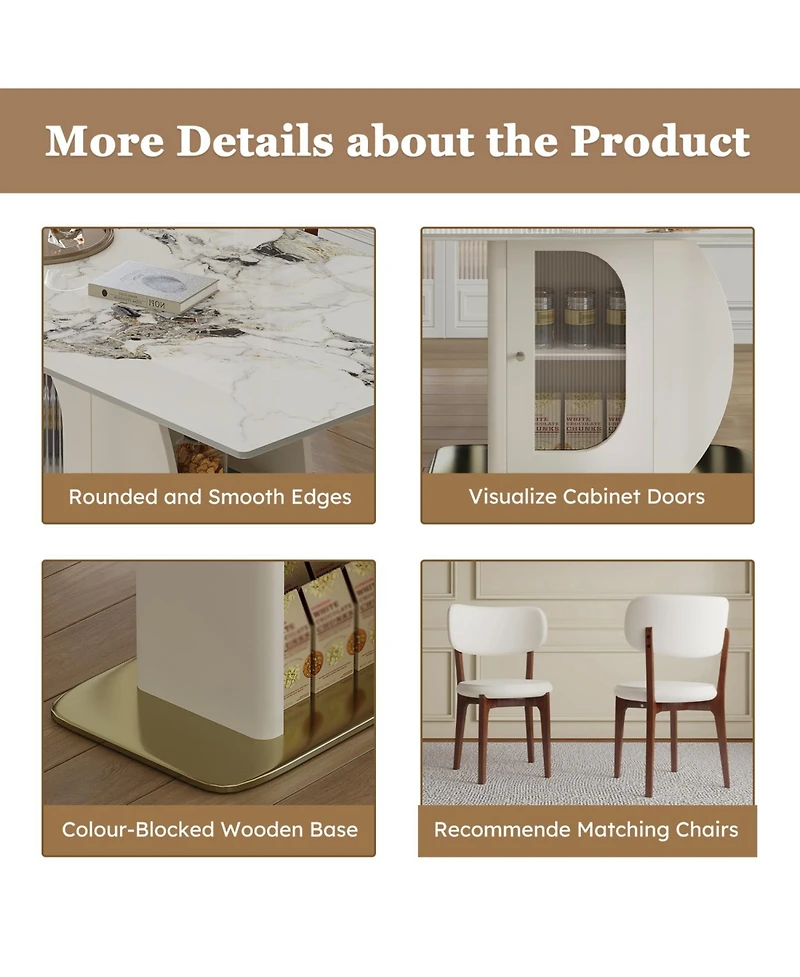 Streamdale Furniture 63" Modern Dining Table Set, Burnt Stone Top, Gold Base, 4 White Chairs