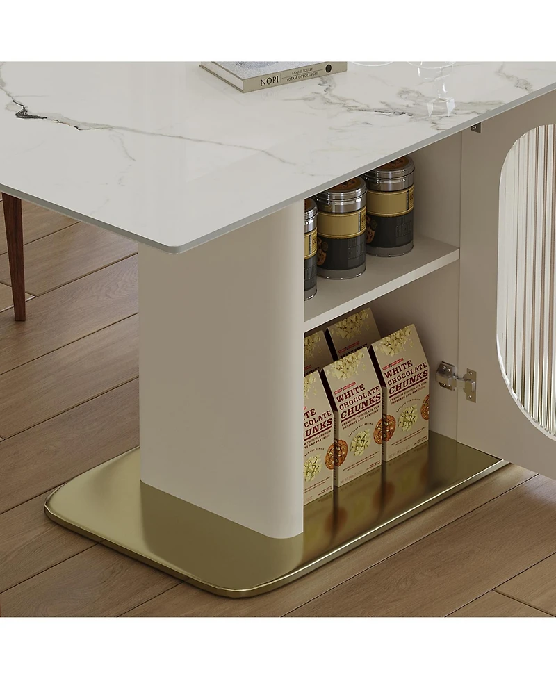 Streamdale Furniture 63" Modern Dining Table Set, Burnt Stone Top, Gold Base, 6