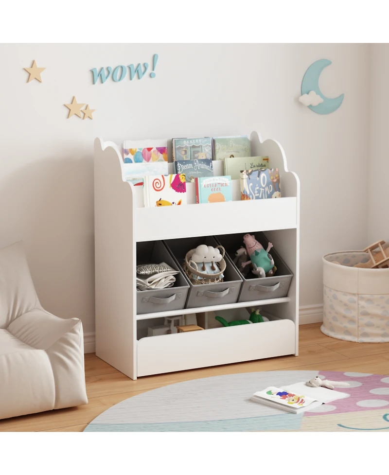 Streamdale Furniture Kids Bookshelf with Storage Bins & Drawer - White Wooden Book Organizer